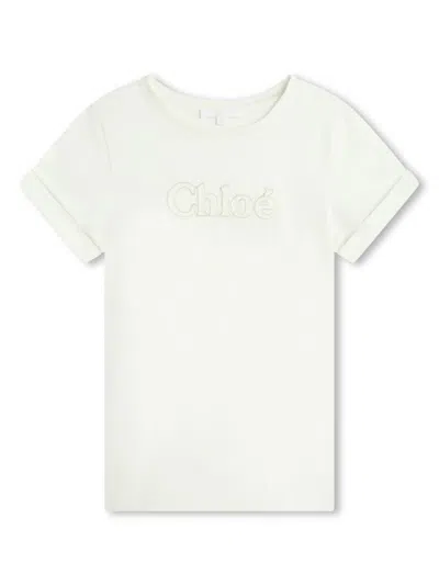 CHLOÉ WHITE ORGANIC COTTON EMBROIDERED T-SHIRT