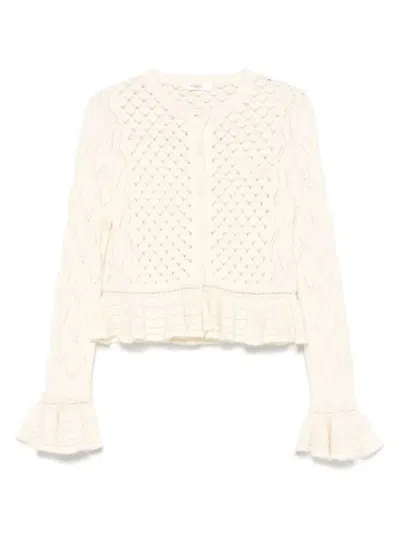 CHLOÉ WHITE RUFFLED LOGO CARDIGAN