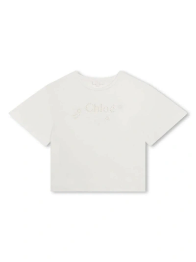 Chloé Kids' White T-shirt With Cut-out Embroidery Logo