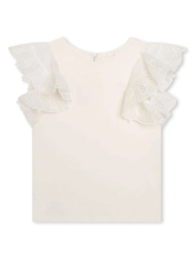 CHLOÉ WHITE TOP WITH EMBROIDERED RUFFLES