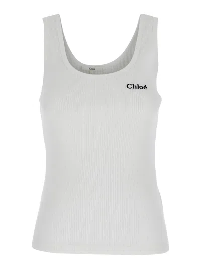 Chloé White Top With Logo Embroidered On The Front In Cotton Woman