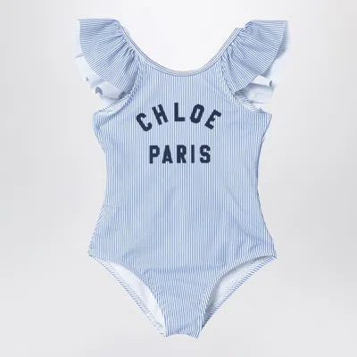 Chloé White/blue Striped Swimsuit With Logo In Multicolor
