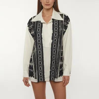 Pre-owned Chloé White/navy Blue Embroidered Inset Crepe Blouse M