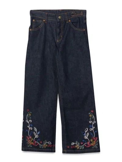 Chloé Kids' Wide Bottom Jeans With Embroidery In Denim