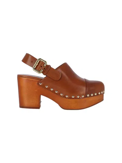 Chloé Chunky Heel Stud Embellishments Wooden Platform Pumps In Ginger Brown