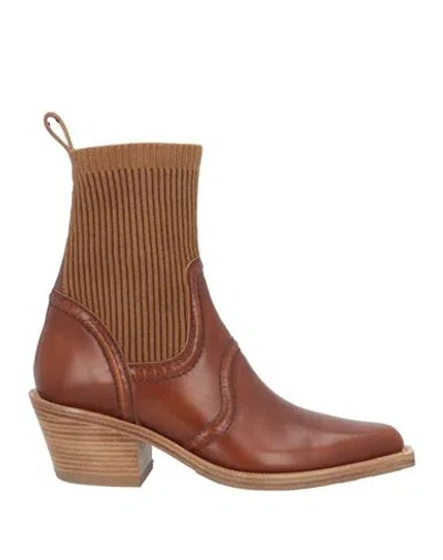 Chloé Woman Ankle Boots Tan Size 7.5 Leather, Textile Fibers In Brown