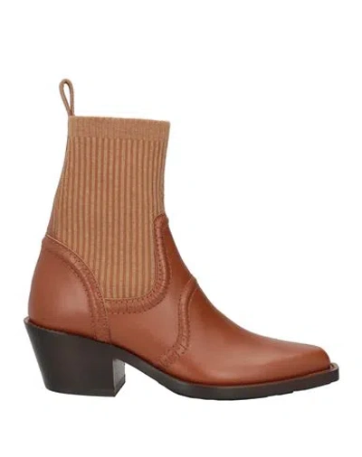 Chloé Woman Ankle Boots Tan Size 9 Leather, Textile Fibers In Multi