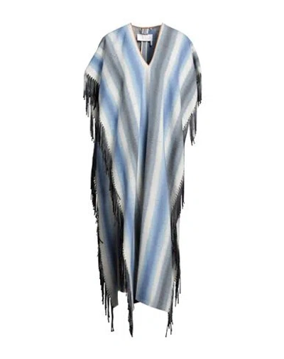 Chloé Leather-trimmed Fringed Striped Cashmere And Silk-blend Poncho In Blue - Beige 1