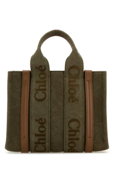 Chloé Chloe Woman Khaki Canvas Small Woody Shopping Bag In Green