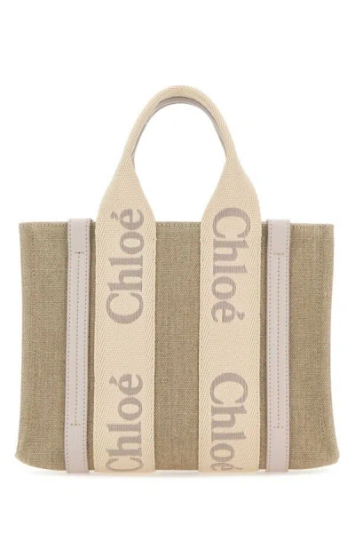 Chloé Chloe Woman Multicolor Linen Small Woody Shopping Bag In Brown