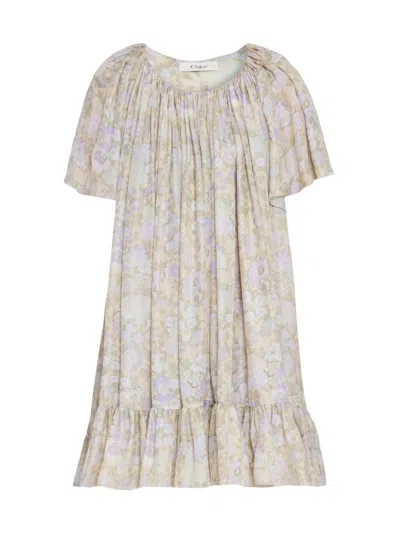 Chloé Painted Flowers Gathered Silk Charmeuse Dress In Multi