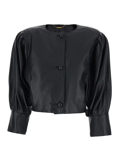 Chloé Women Black Crewneck Jacket With Front Button Closure In Leather Woman In Multi