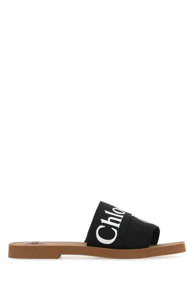CHLOÉ CHLOE WOMEN BLACK LINEN WOODY SLIPPERS