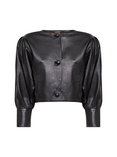 Chloé Women Black Plongé Nappa Leather Cropped Collarless Jacket