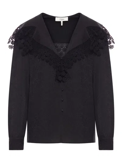 CHLOÉ CHLOE` WOMEN BLOUSE WITH MAXI COLLAR IN SILK JACQUARD AND LACE