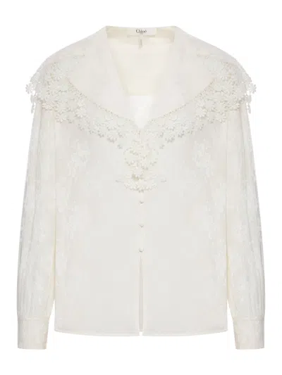 Chloé Chloe` Women Blouse With Maxi Collar In Silk Jacquard And Lace In White