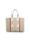 Chloé Woody Medium Whipstitched Leather-trimmed Linen-canvas Tote In Brown