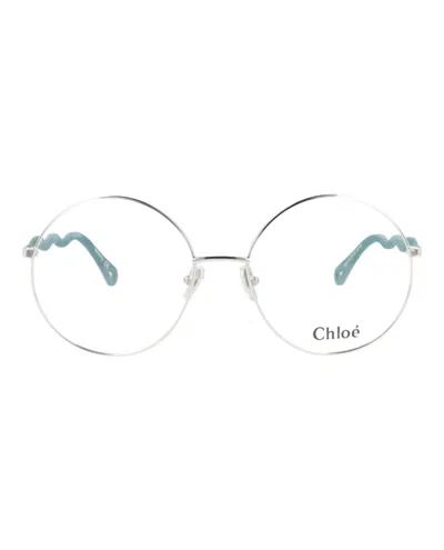 Pre-owned Chloé Women's Chloe Roundframe Metal Optical Frames In Silver Green Transparent (ch0057o/30011445/008)