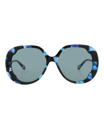 Pre-owned Chloé Women's Chloe Roundframe Recycled Acetate Sunglasses In Havana Havana Blue (ch0195s/30014680/003)
