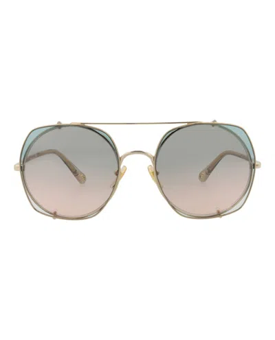 Pre-owned Chloé Women's Chloe Squareframe Metal Sunglasses In Gold Beige Green (ch0042s/30009767/001)