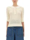 Chloé Polo Shirt With Lace Collar And Perforated Design In Neutral