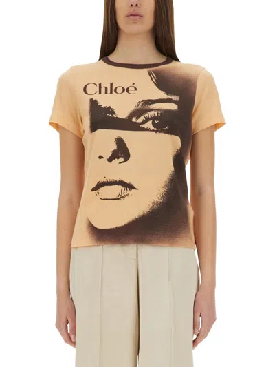 Chloé Women Multicolor Crewneck T-shirt With Maxi Graphic Print On The Front In Wool Blend Woman In Neutral