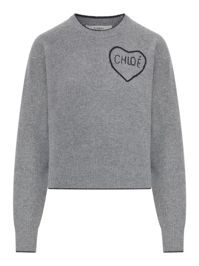 Chloé Chloe` Women Cropped Wool Knit Sweater With Logo In Gray