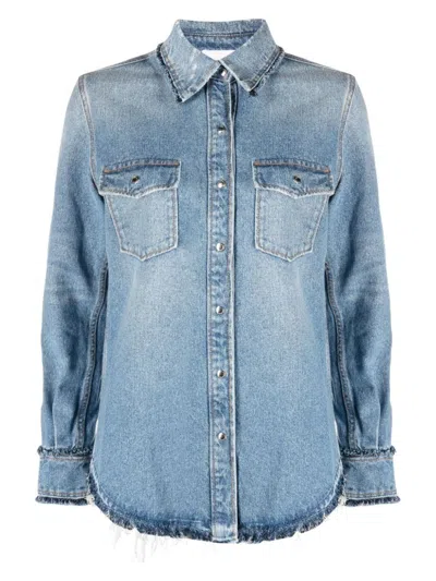 Chloé Frayed-edge Recycled Denim Collared Shirt In Blue