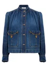 Chloé Blue Jacket With High Neck And Chain Detail On The Front In Denim Woman In Blue