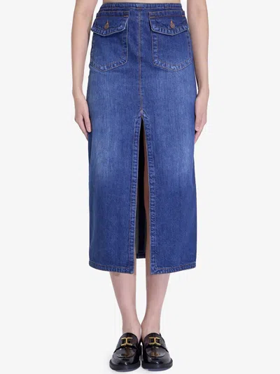 Chloé Chic Denim Midi Skirt With Front Slit In Blue