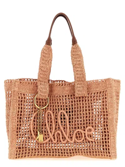 Chloé Summer Banana Leather-trimmed Raffia Tote In Pink