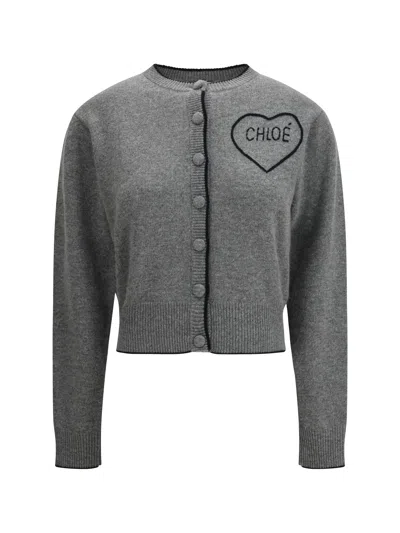 Chloé Wool And Cashmere Cardigan With Logo Knitwear Grey In Gray