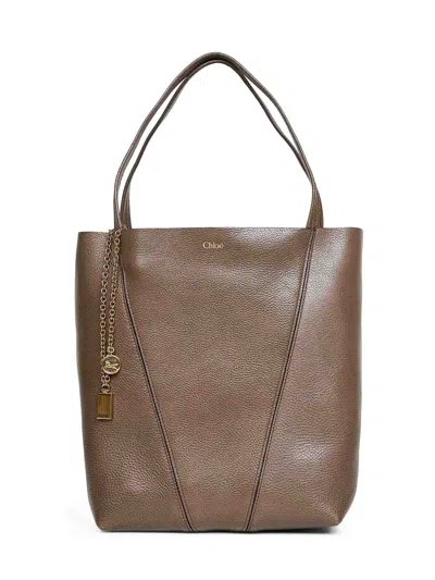 Chloé Spin Embellished Paneled Textured-leather Tote In Neutral