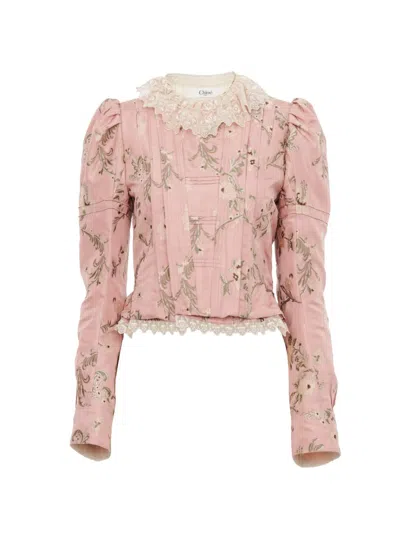 Chloé Women's Floral-embroidered Lace-trimmed Jacket In Pink
