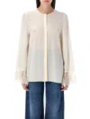 Chloé Button Down Crepe De Chine Top With Lace Sleeves In Cocunt Milk