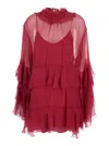 Chloé Women Fuchsia Crewneck Mini Dress With Ruches And Rear Button Closure In Silk Woman In Red