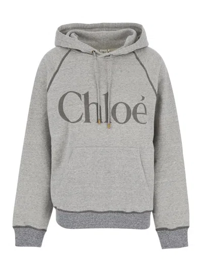 CHLOÉ CHLOÉ WOMEN GREY SWEATSHIRT WITH FRONT LOGO LETTERING IN COTTON BLEND WOMAN