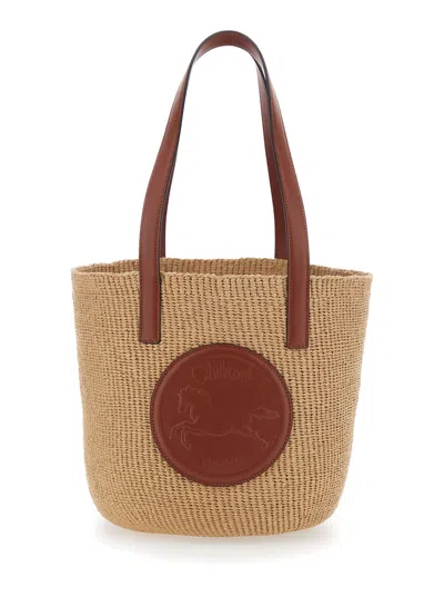 Chloé Women 'horse Medal' Beige Shopper With Flat Handles And Logo Patch On The Front In Straw Woman In Multi