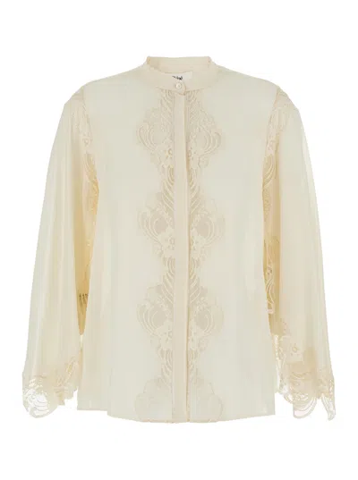 CHLOÉ CHLOÉ WOMEN WHITE BLOUSE WITH LACE TRIM AND LADDER STITCH INSERTS IN SILK WOMAN