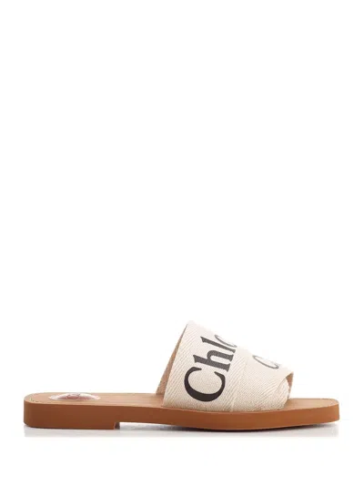 Chloé Woody Flat Logo Ribbon Slide Sandals In White