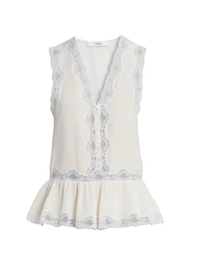 Chloé Women's Lace-trim Sleevless Silk Top In Neutral