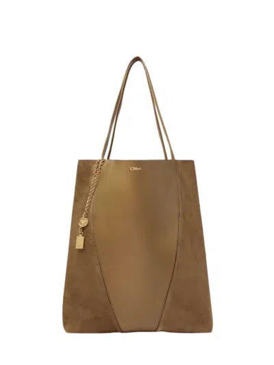 Chloé Dark Khaki Spin Large Tote In Brown