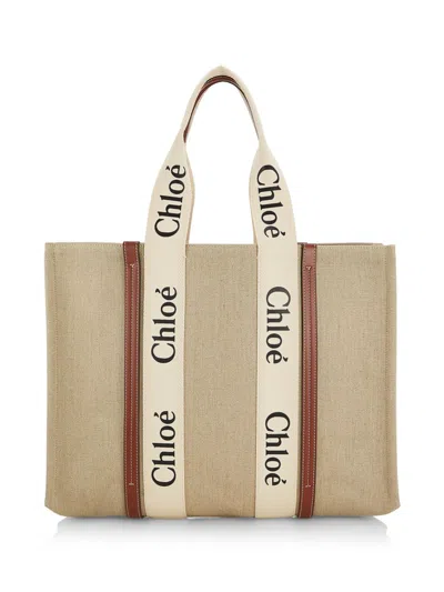 Chloé Women's Large Woody Canvas Tote In White Brown