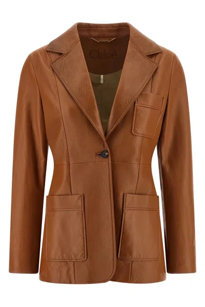 Chloé Structured Leather Blazer Notched Lapel In Brown