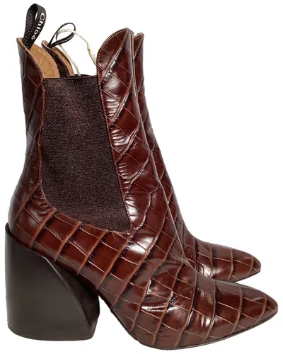 Pre-owned Chloé Women's Leather Wave Crocodile-embossed Bootie (authentic Pre-loved) In Brown
