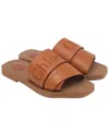 Chloé Woody Embroidered Logo Leather Slide Sandal In Brown