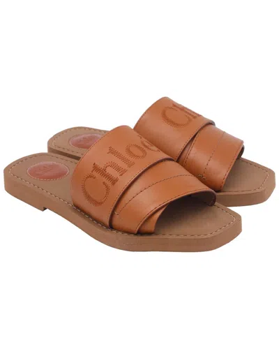 Chloé Woody Embroidered Logo Leather Slide Sandal In Brown