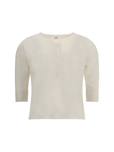 Chloé Linen Henley Long Sleeve Jersey In Beige