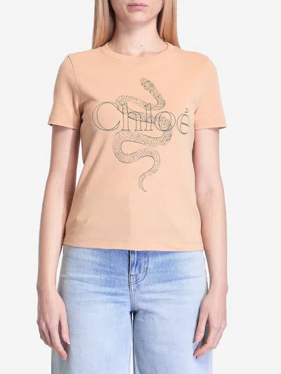 Chloé Printed Cotton-jersey T-shirt In Beige