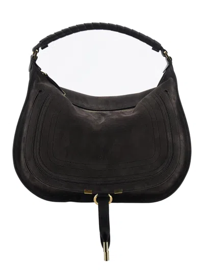 Chloé Marcie Medium Black Shoulder Bag With Logo Lettering On The Front In Suede Woman In Brown
